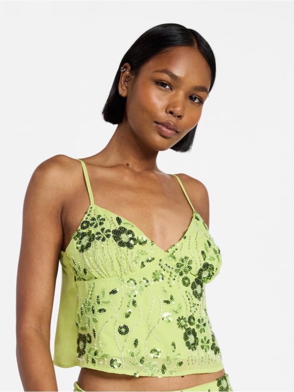 No boundaries Lime Green Sequin Embellished Cami Top - Picture 4 of 4